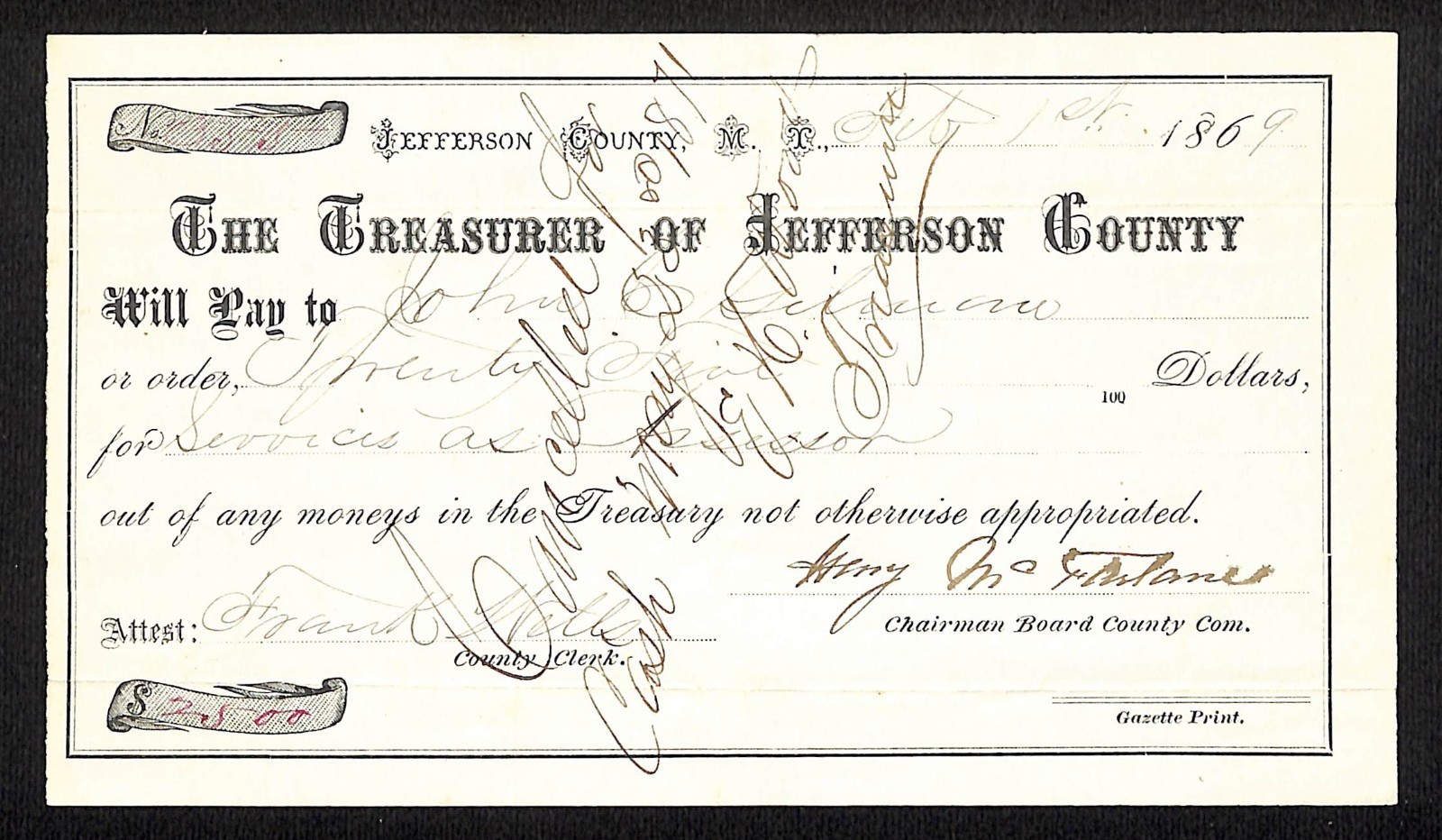 1869 Jefferson County, Montana Territory Treasury Warrant \