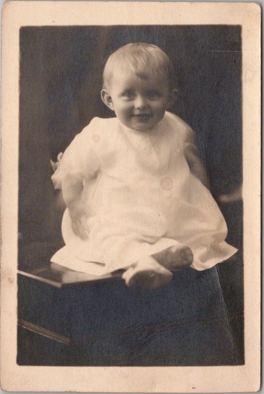 c1910s BURLINGAME Cal. RPPC Postcard Happy Baby in White Gown 