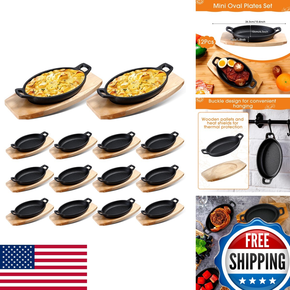 Mifoci 12 Pcs Mini Cast Iron Skillet Wooden Base Small Cast Iron Fajita Plates