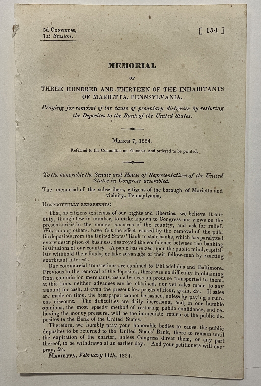 RARE 1834 BANK OF THE U.S. MEMORIAL DOCUMENT 313 PEOPLE MARIETTA, PENNSYLVANIA