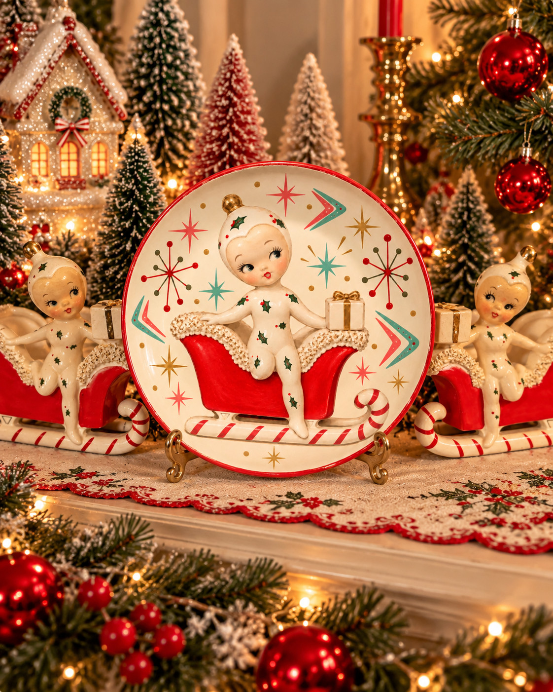 SLEIGH Vintage Holt Howard Inspired 1950s Christmas Plate Pixieware 50s Pixie 50