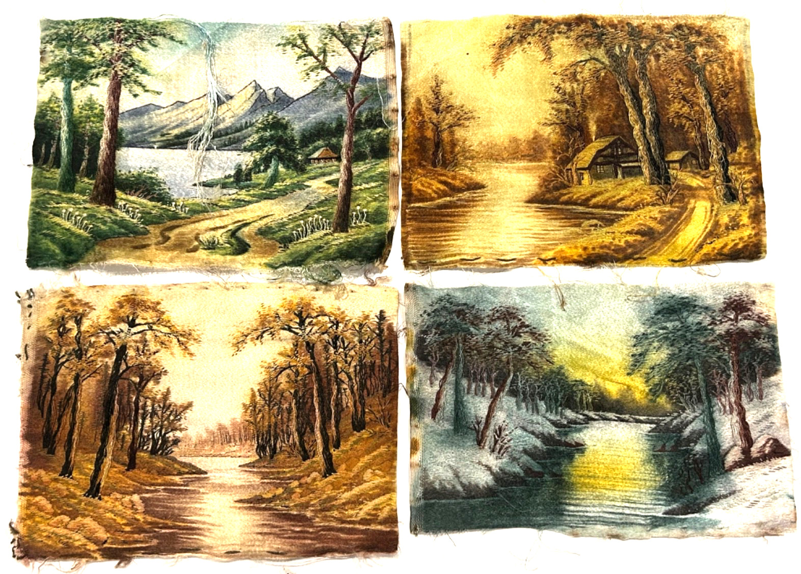 Vintage 1950s Japanese Textile Art Landscape Panels Set of 4 Japan