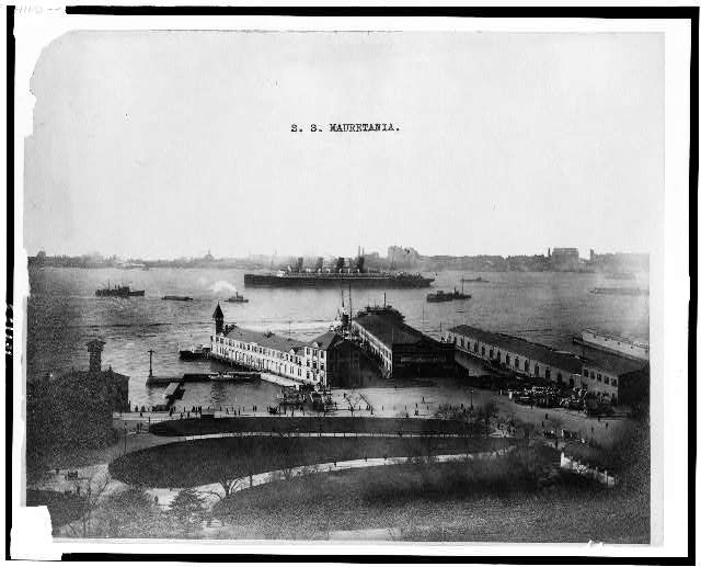 S.S. Mauretania 1907 Ocean Liner Waterfront Piers Ships Harbor Buildings