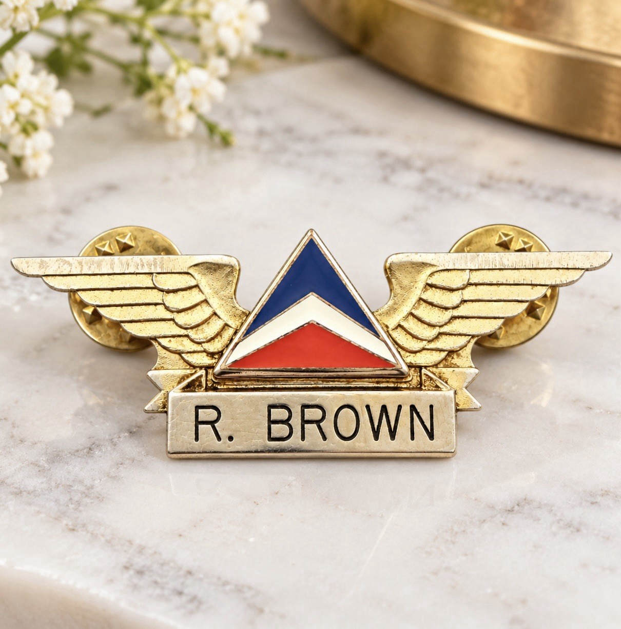 Vintage Delta Air Lines Flight Attendant Wings R Brown Employee Name Badge Pin