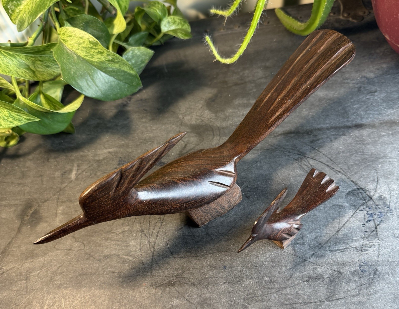 Vintage 1970s Ironwood Roadrunner Figurine Set of 2 - MCM Southwest Folk Art Lot