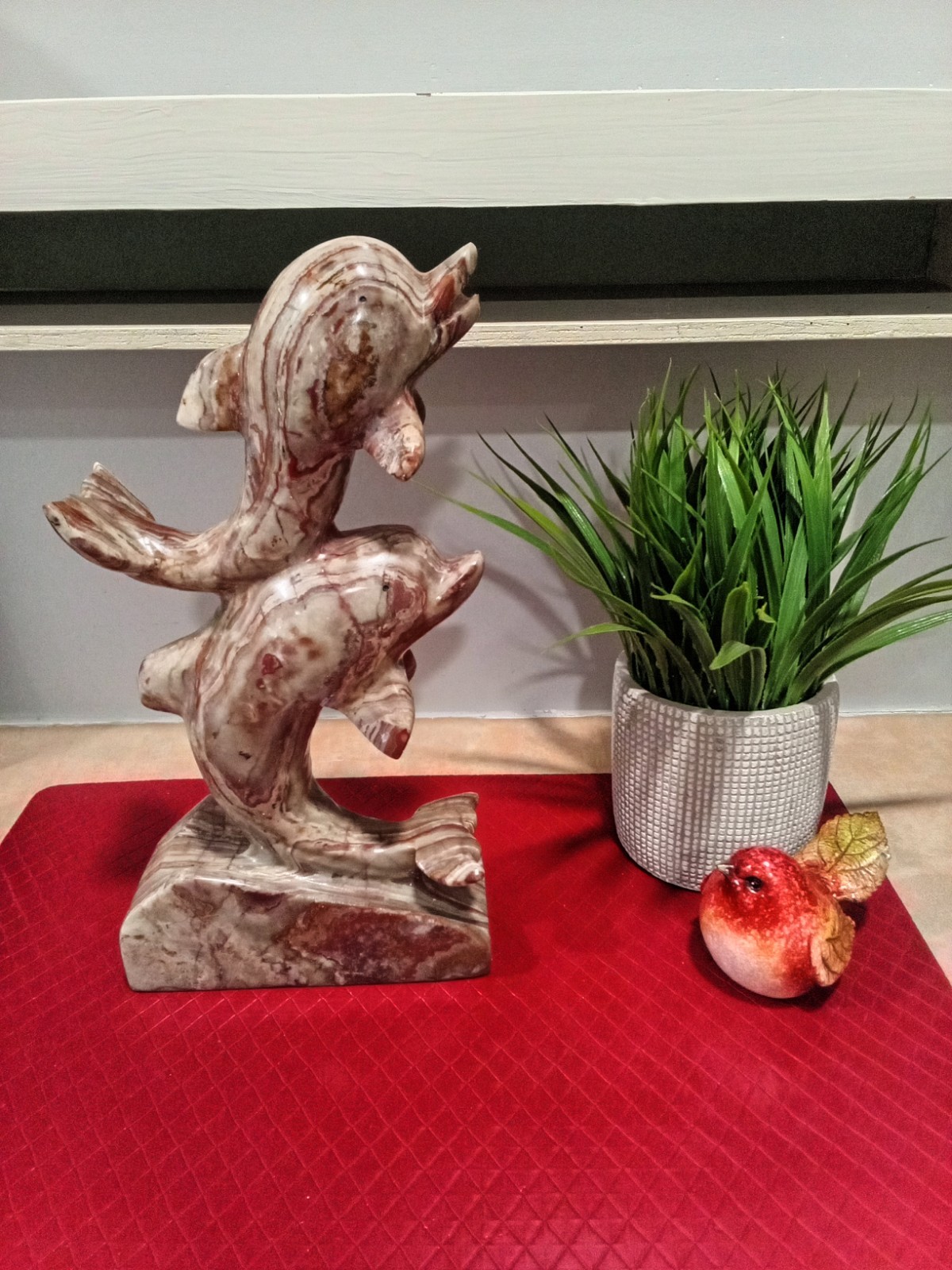 A Beautiful Vintage Curved Marble Double Dolphin Statue