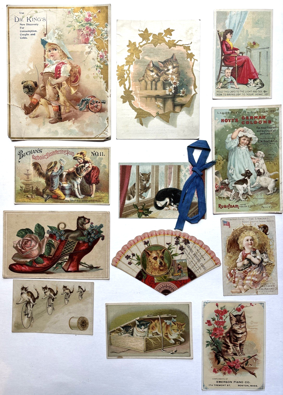 Lot of 12 Antique Victorian Trade Cards 1890's, Cats & Dogs, No Dupes, Cat Bikes