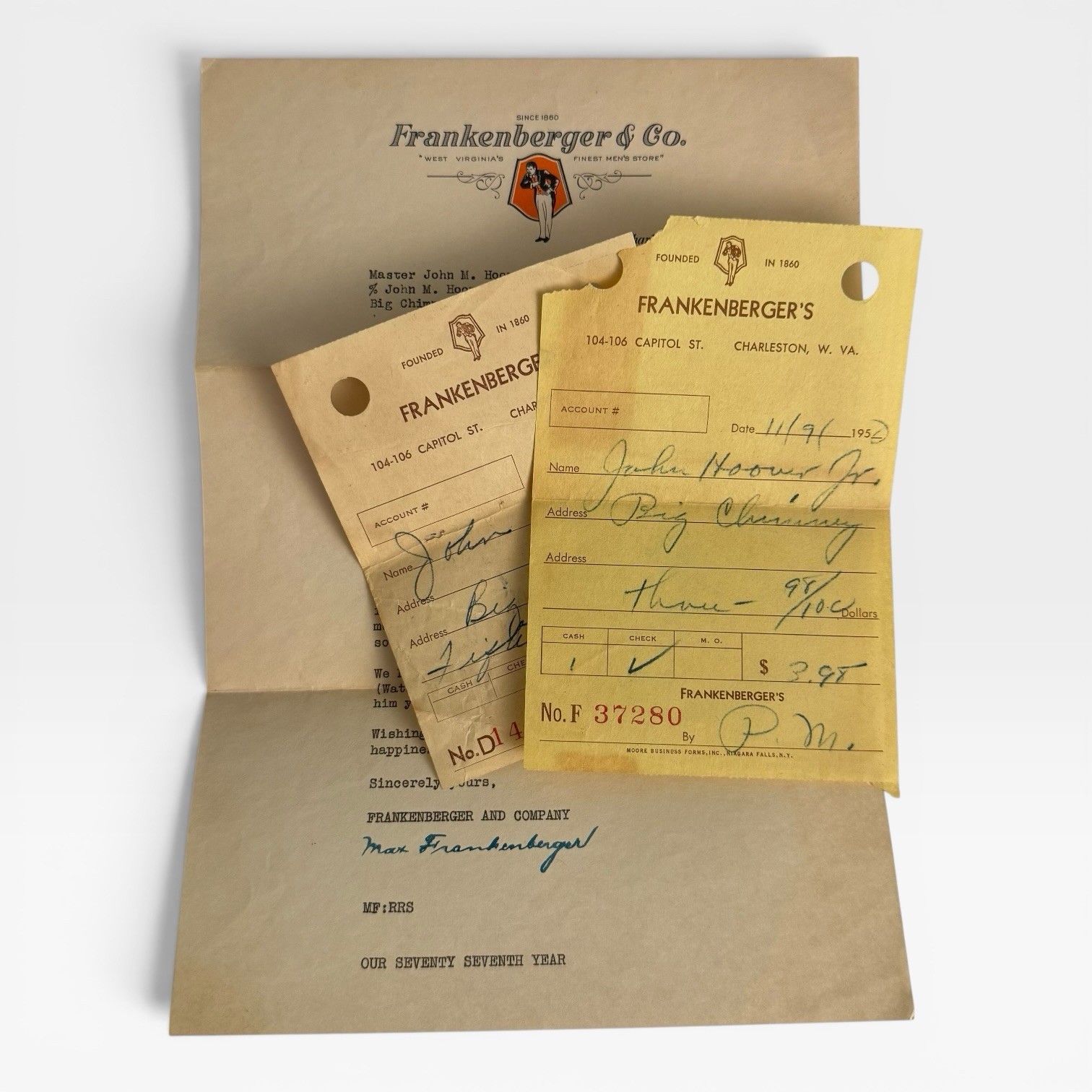 Frankenberger\'s W. Virginia MEN\'S STORE Vintage 30s-50s Business LETTER Receipts