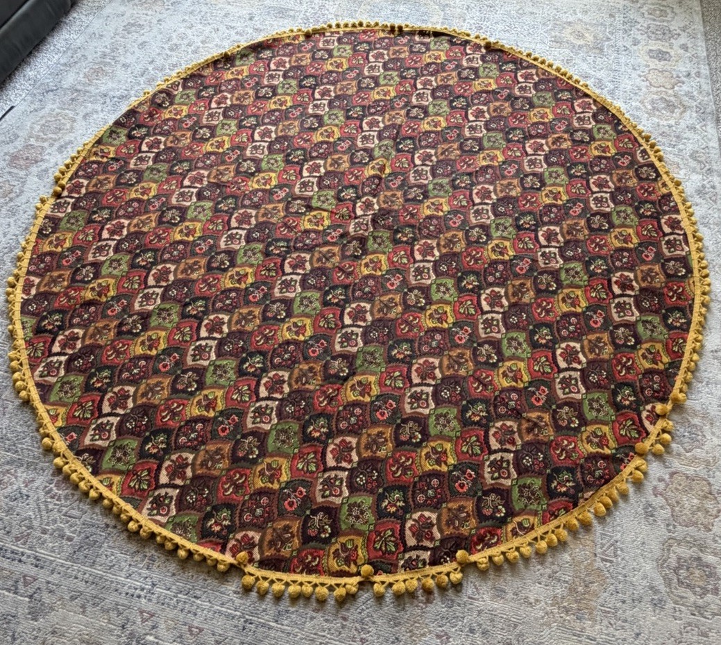 Vintage 60/70’s Mod Flower Power Tablecloth Blue Green Ball Fringe 80” Round