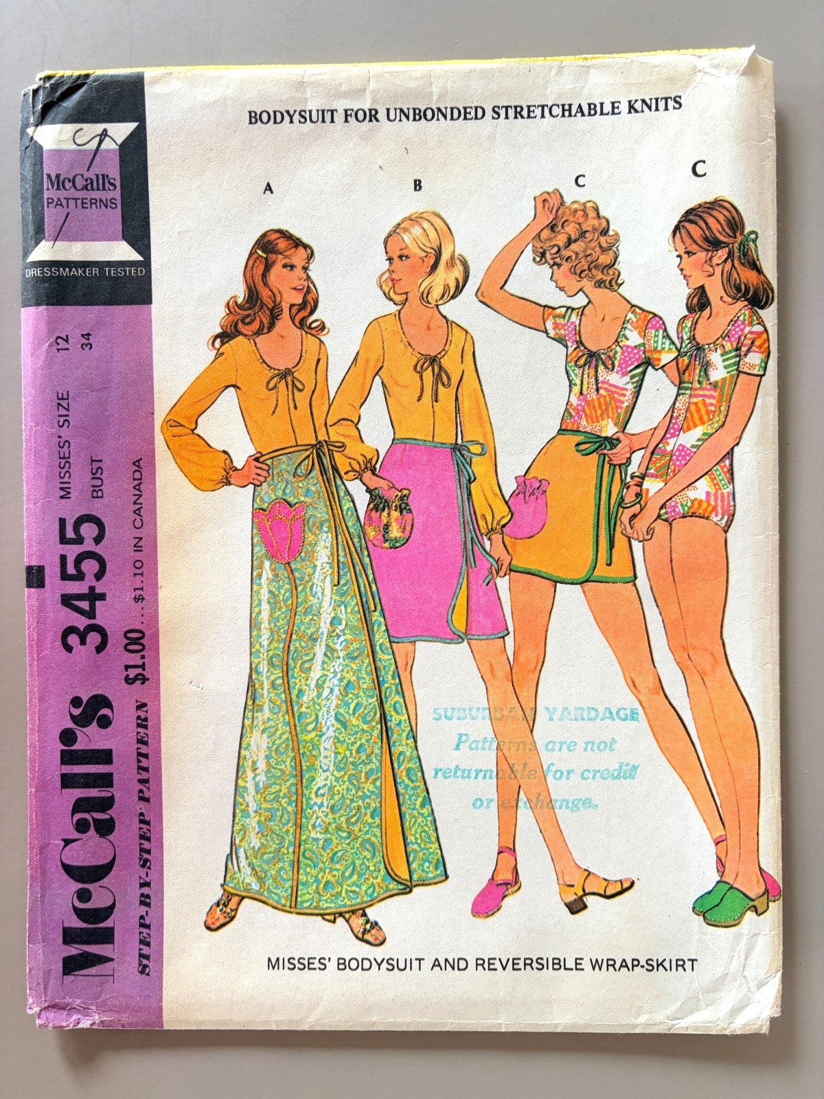 1970\'s McCall\'s  Bodysuit,Reversible Wrap-Skirt Pattern 3455 Size 12 UNCUT