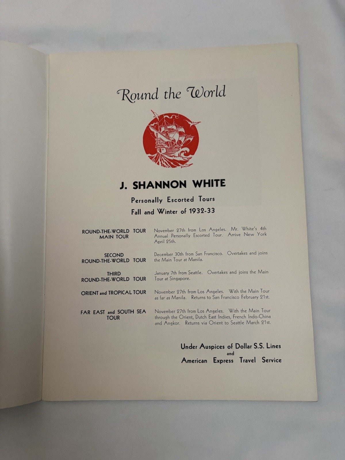 Vintage 1930’s Travel Brochure For J Shannon White’s 4th Tour Dollar Steamship 