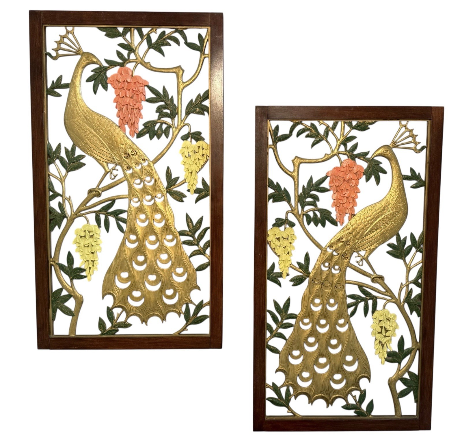 RARE Vintage MCM Burwood Products Peacock Wall Hanging Set Of Two