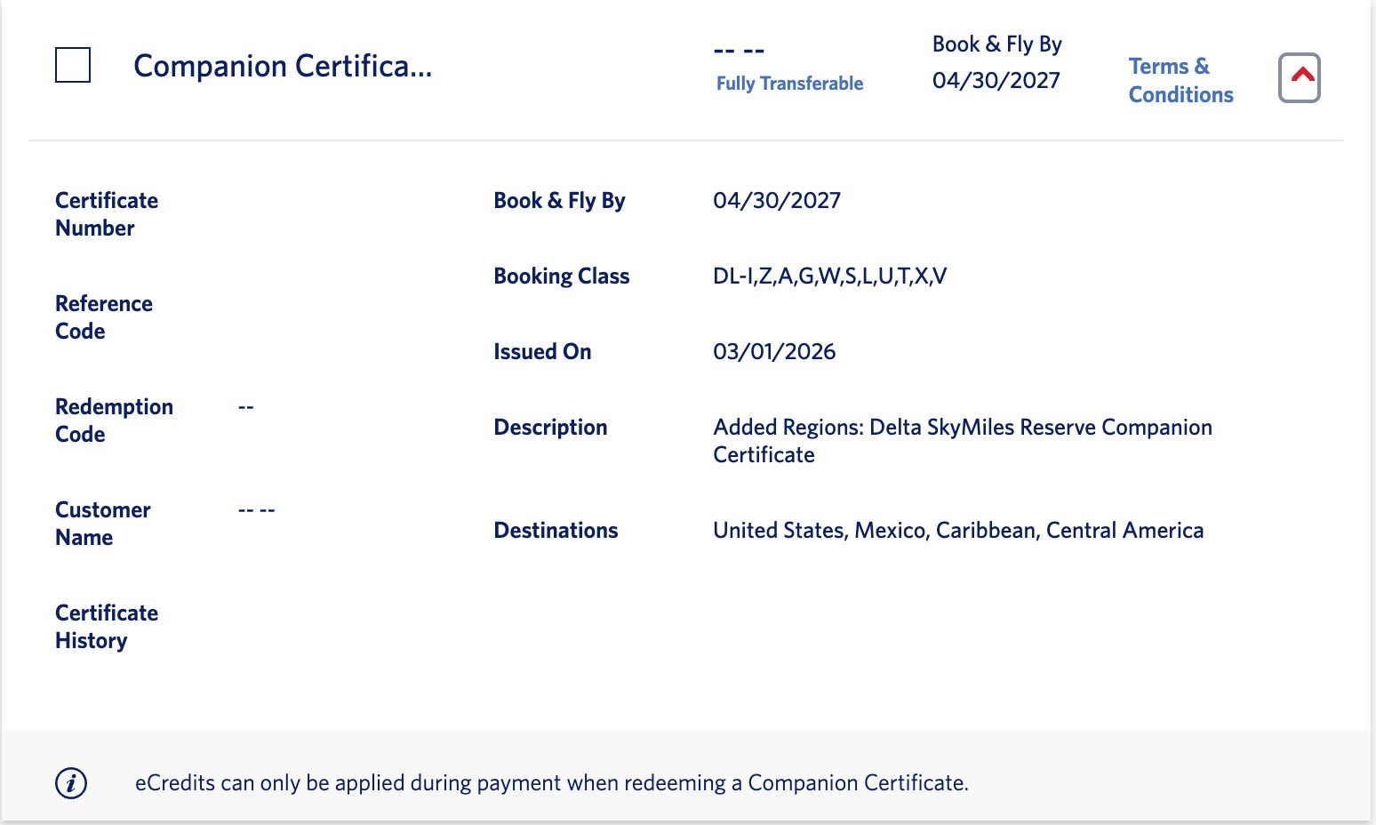 Delta Reserve Companion Cert - First/Comfort/Main - Valid til 04/30/2027