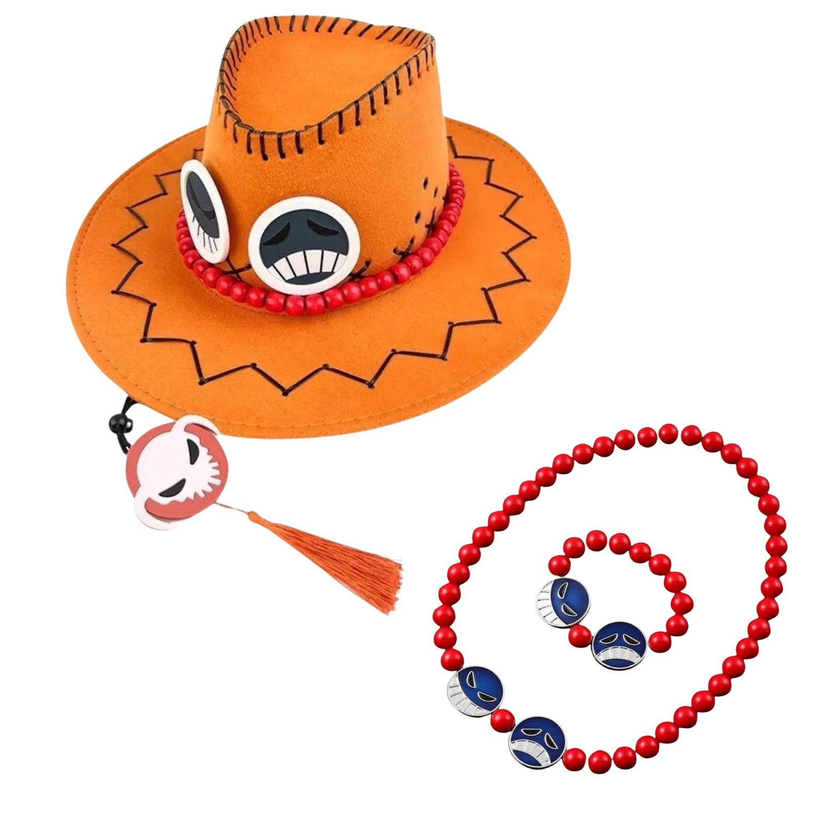 One Piece Portgas D Ace Cowboy Hat Bracelet Necklace Bundle Set Cosplay Costume