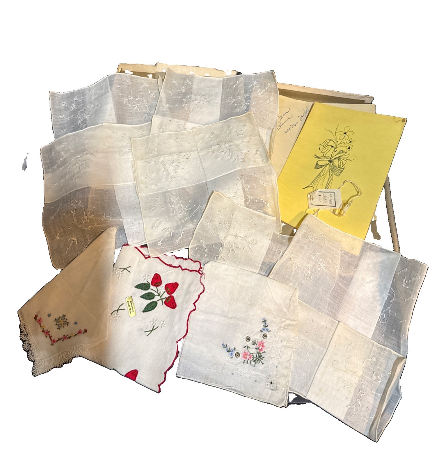 Vintage Lot Handwork Brode’ Main Brocade Handkerchief Lace Embroidered Napkins 9
