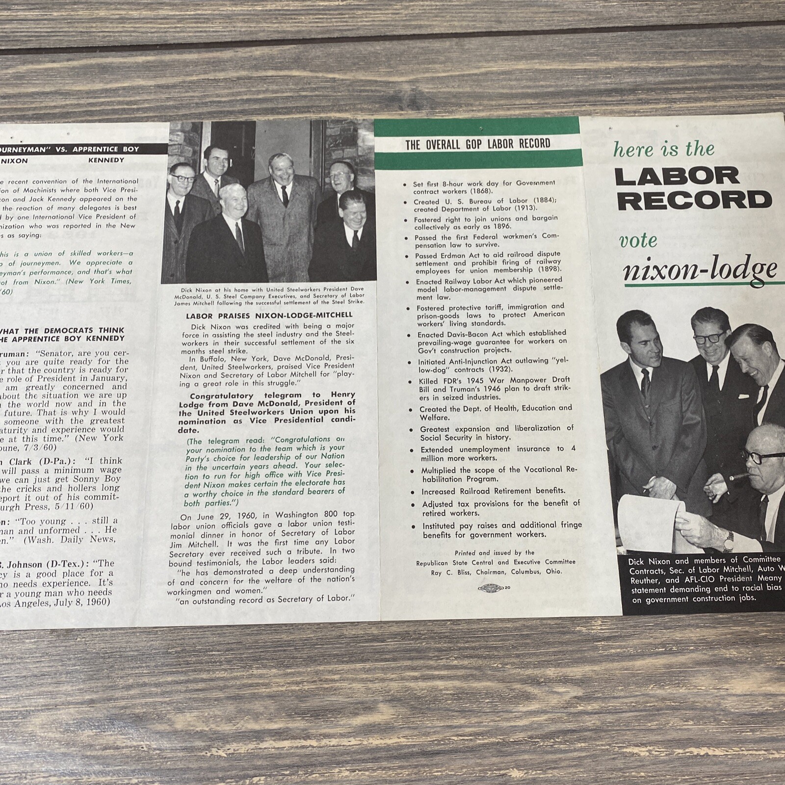 Vintage Here Is The Labor Record Vote Nixon Lodge Pamphlet Brochure