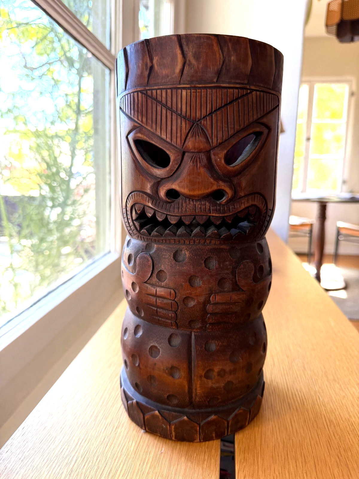 Vintage TIKI LAMP Hawaiian Bamboo Carved Wood 12\