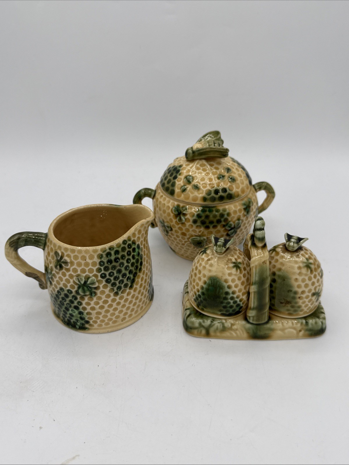 Vintage Brinns Majolica Beehive Honeycomb Clover Creamer Sugar Salt Pepper Set