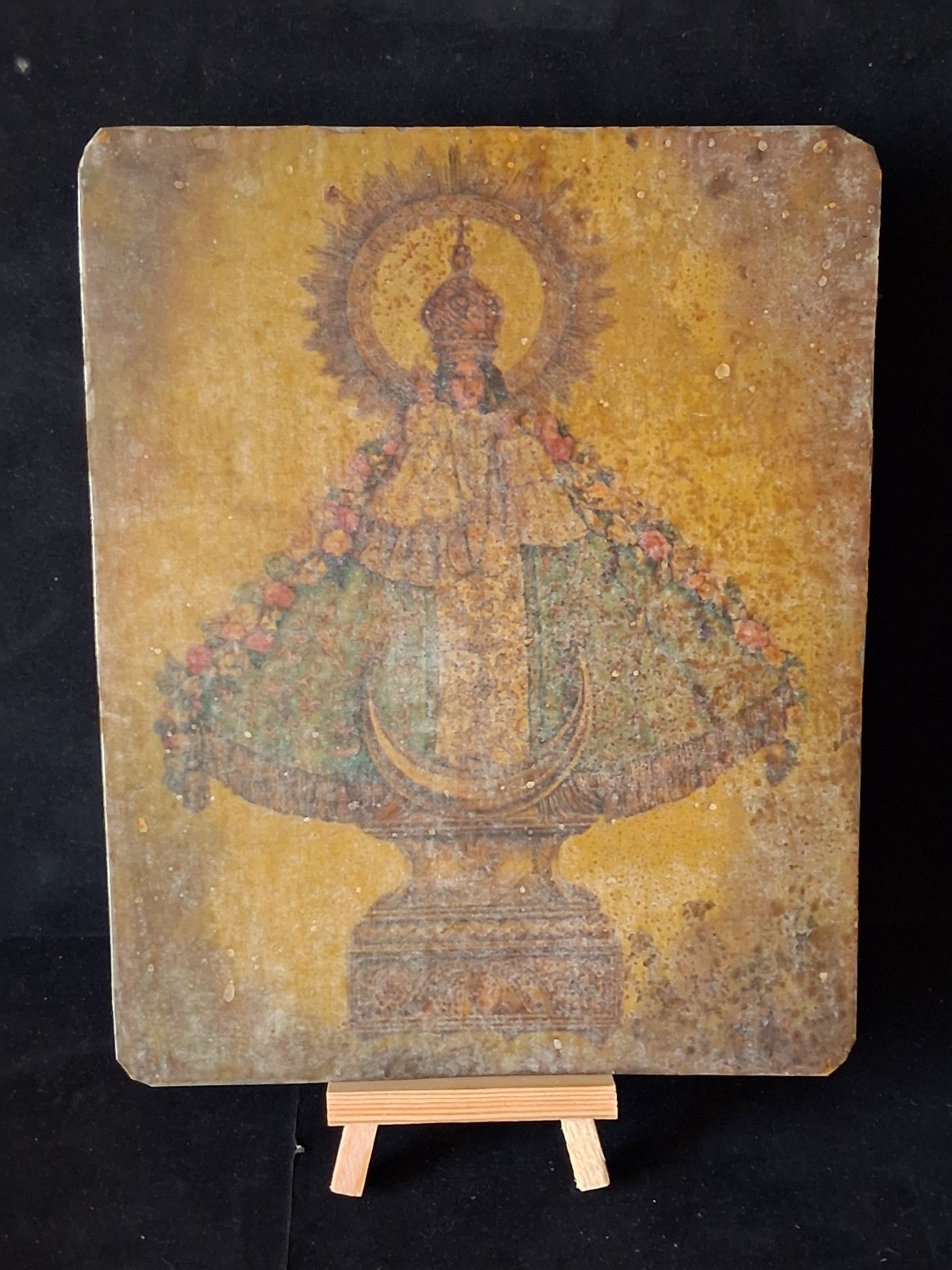 Antique Mexican Tin Retablo Our Lady of San Juan de los Lagos Folk Art 8 x 9.5