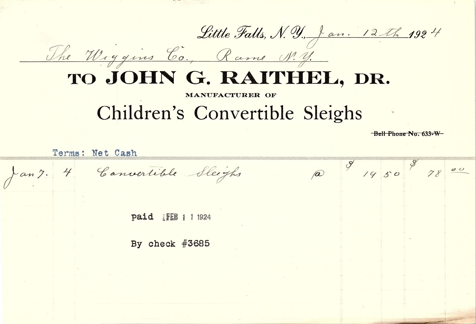 1924 J.G. Raithel Sleighs Billhead Little Falls NY