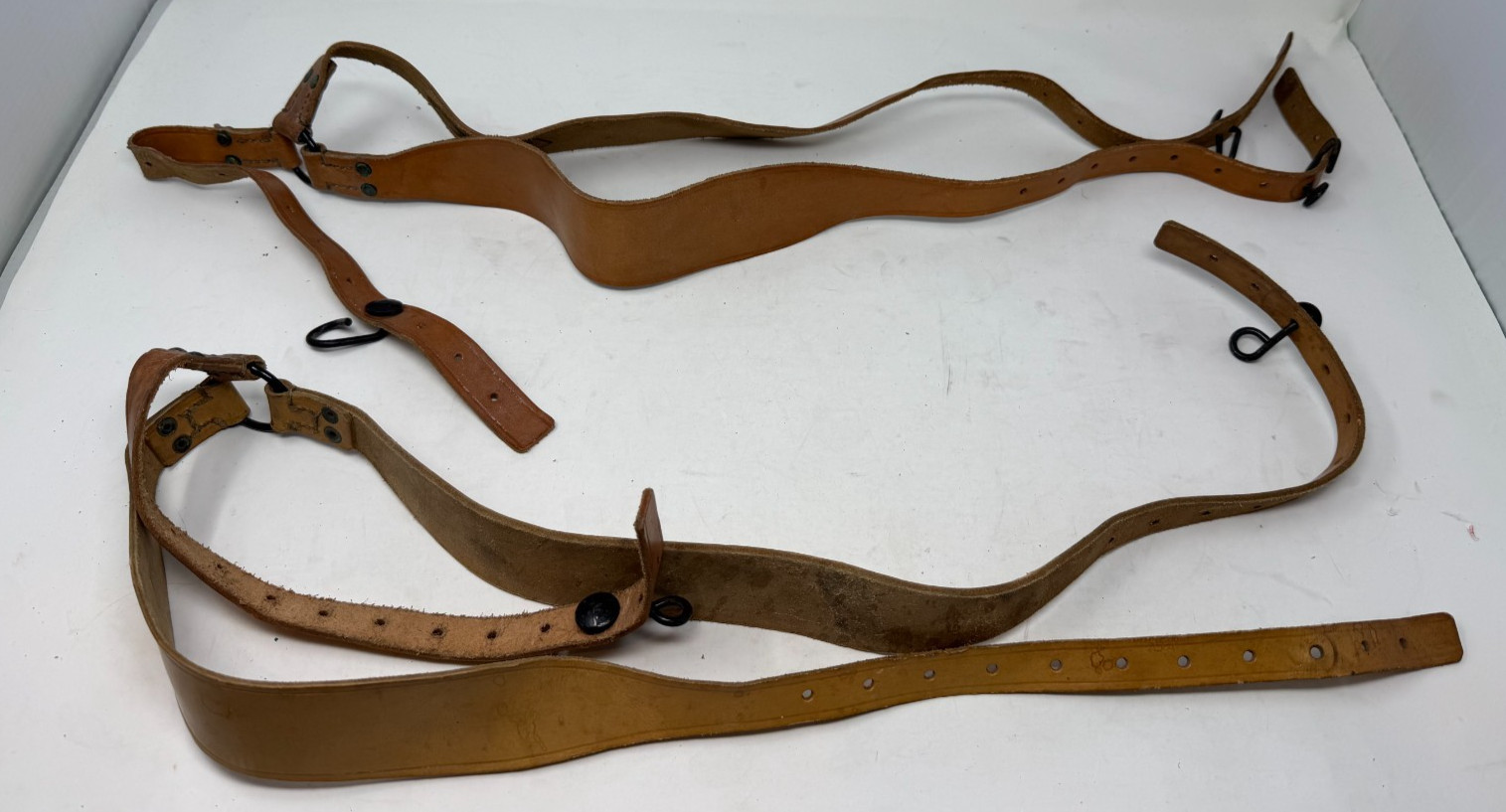Vtg German Leather Y Suspenders Lot 2 ORIGINAL Stamped Harness Straps