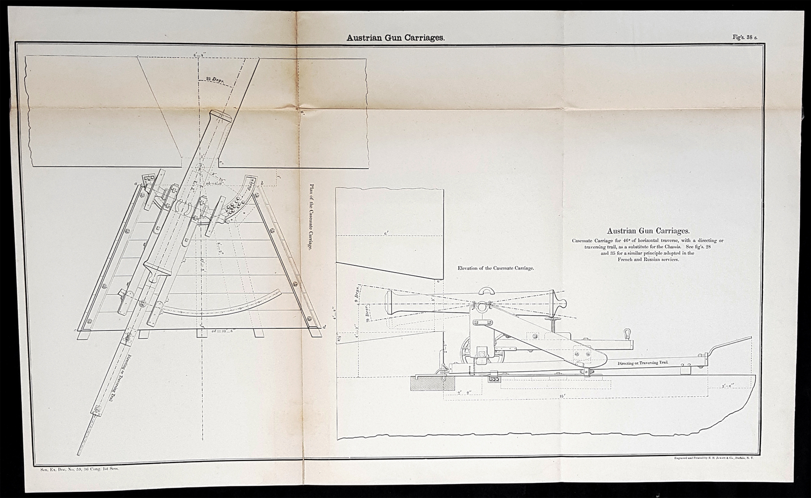 1856 Capt. Richard Delafield Antique Print Schematic of a Cannon or Gun Carriage