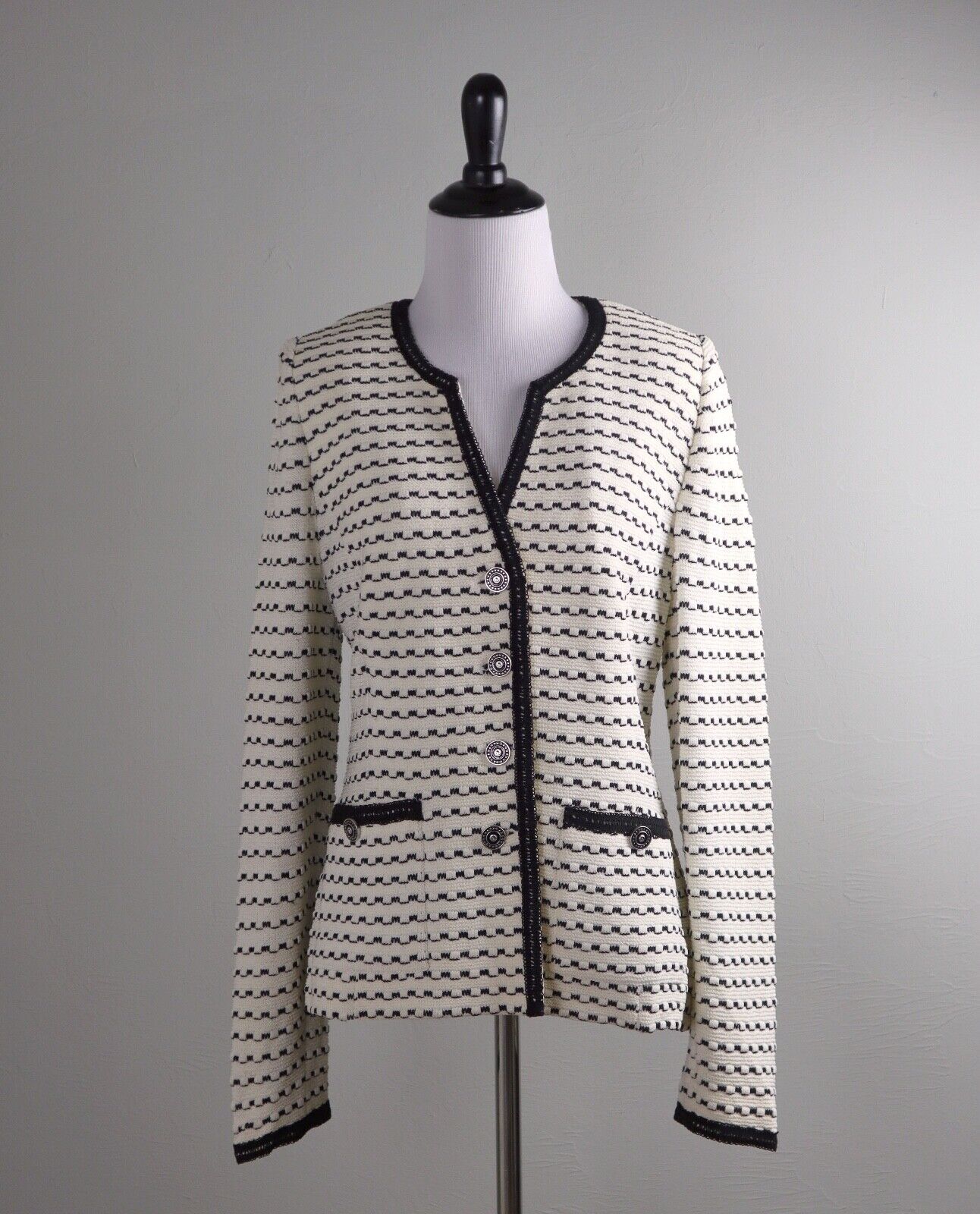 ST. JOHN Collection $1295 Textured Tweed Wool Ivory Black Jacket Top Size 6