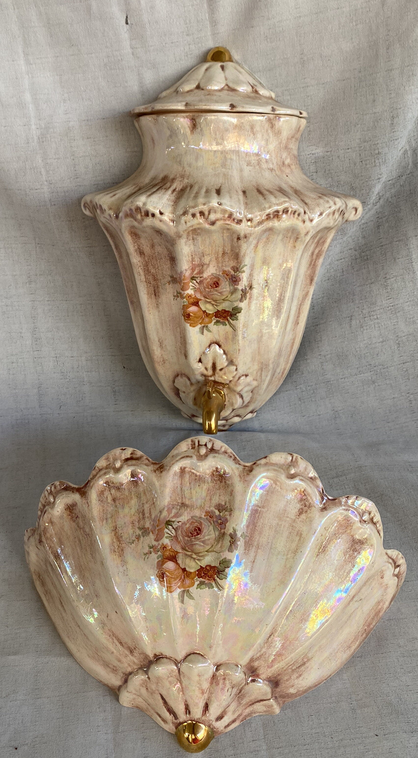 Vtg Hand Painted Porcelain Lavabo Wall Fountain Decor Pink Flower Gold Pink Read