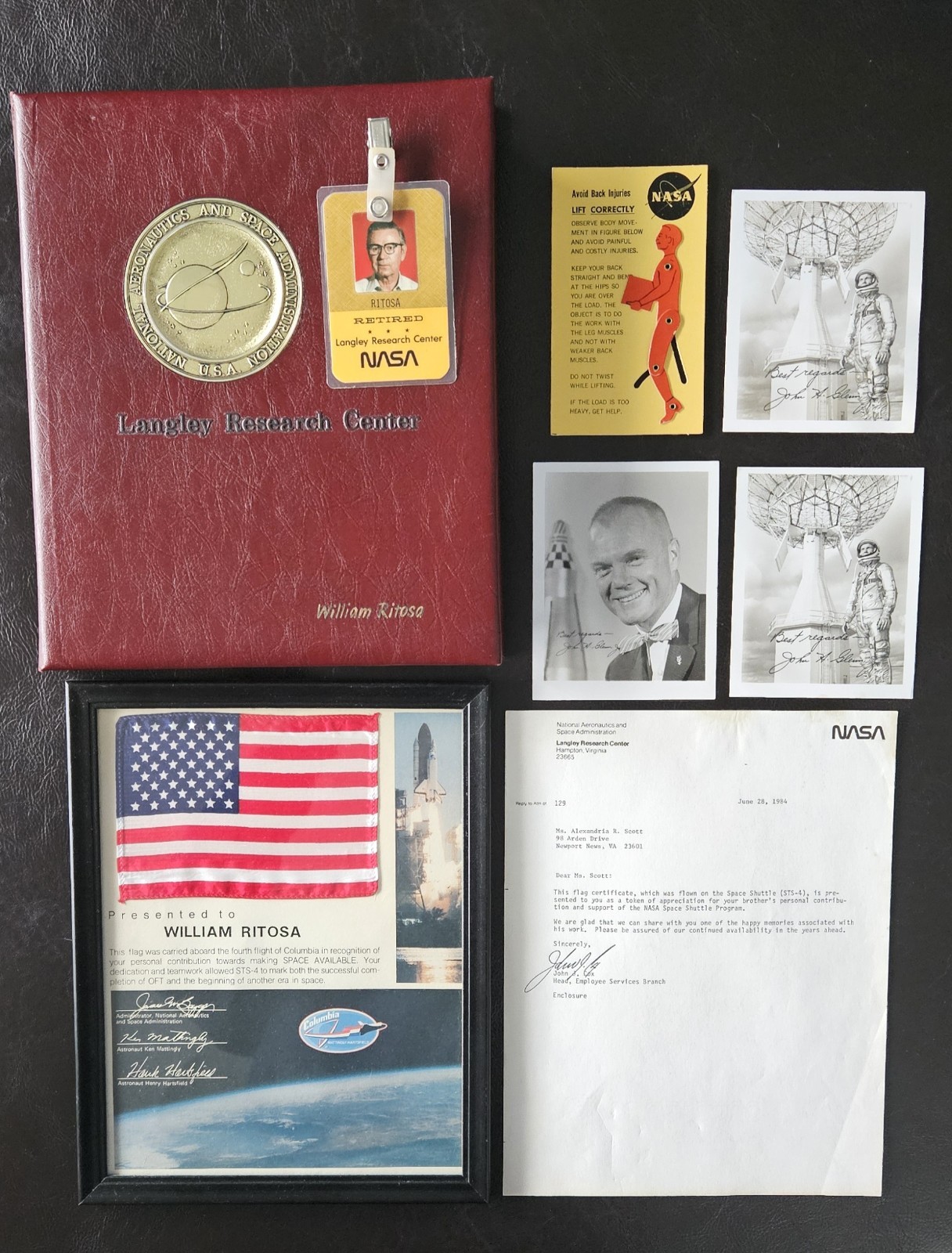 Vintage NASA STS-4 US Flag w/ Letter, Langley Retirement Photo Album, Badge