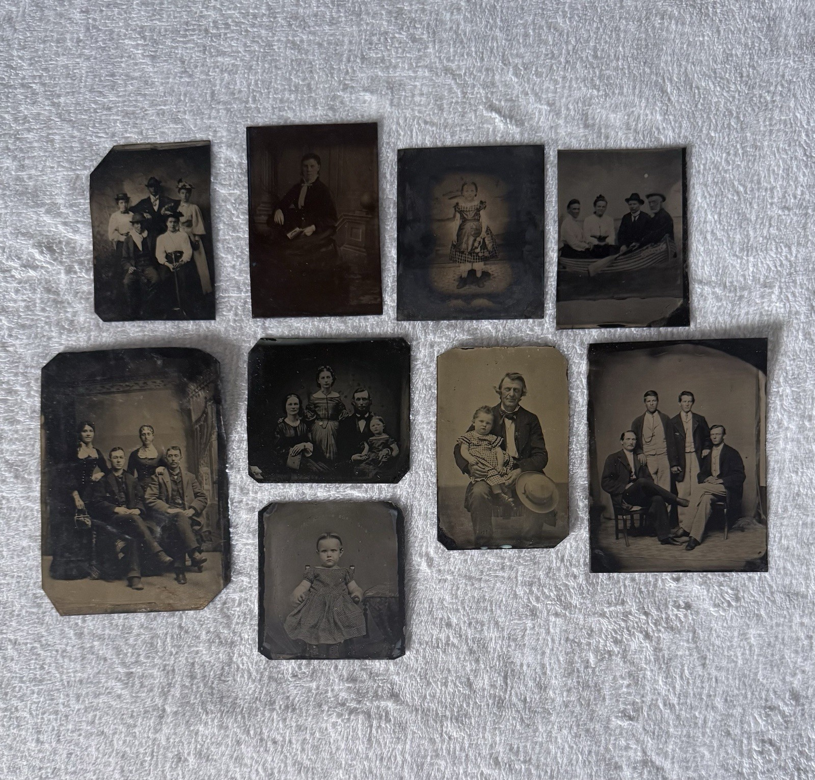 Lot Of 9 Tintype Portraits Men Women Kids Antique Tin Photo Victorian