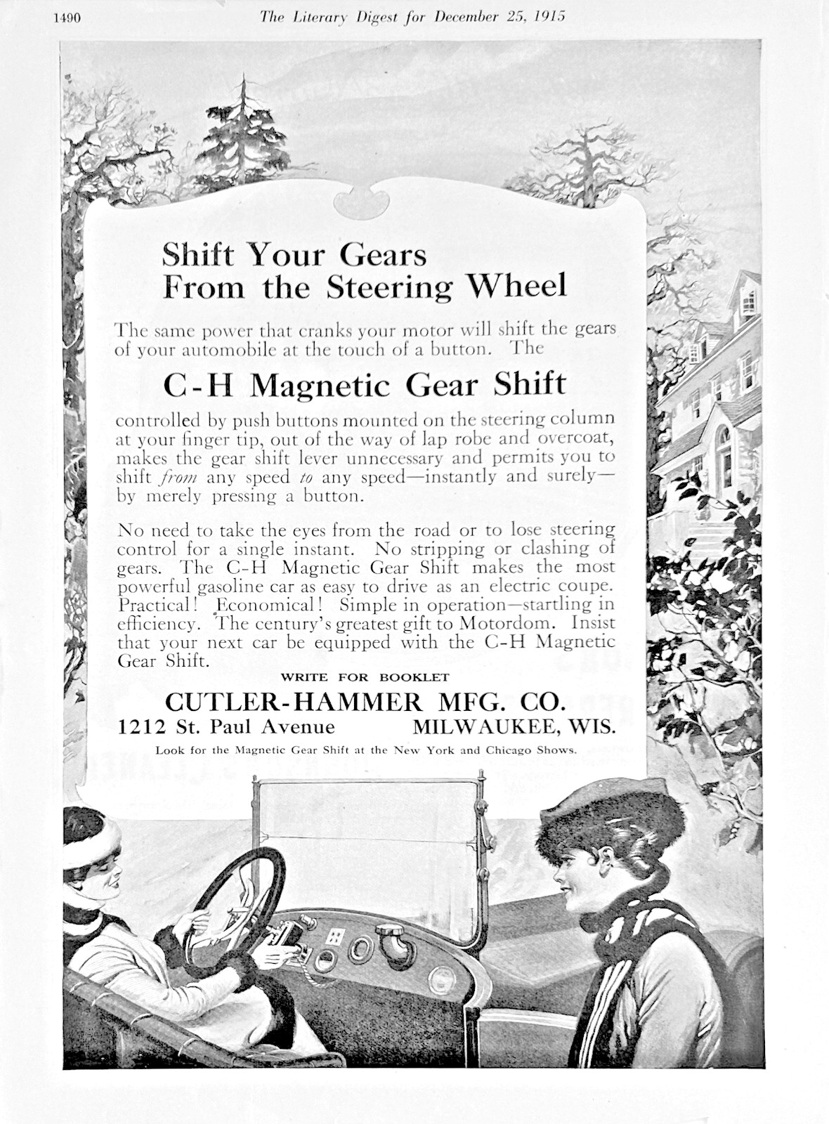 1915 Ad Cutler-Hammer Mfg Co Milwaukee WI C-H Magnetic Gear Shift Steering Wheel