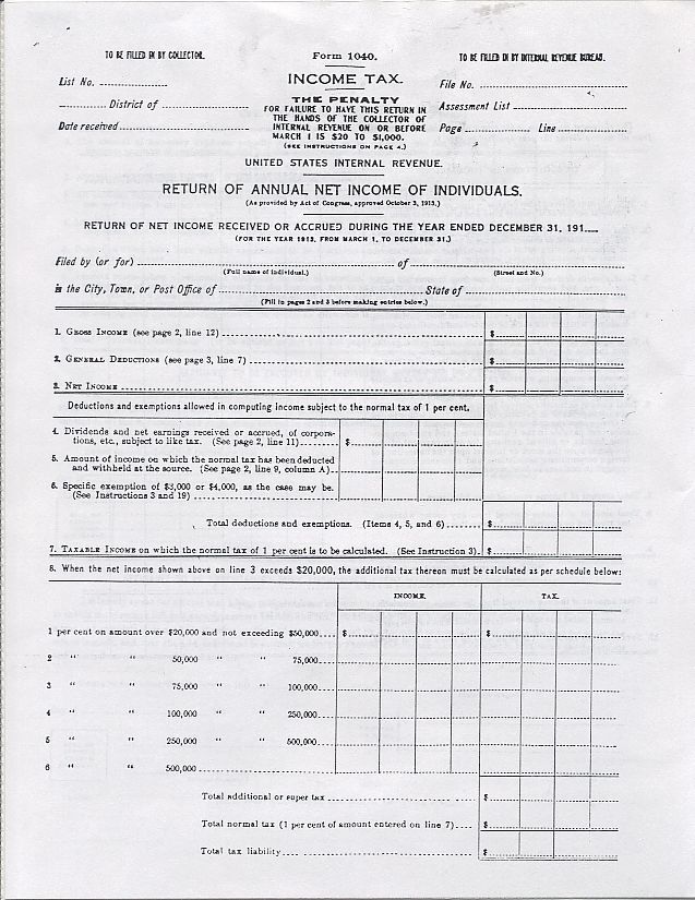 Copy of IRS Tax Form 1040 for 1913 Income Tax 4 pages 