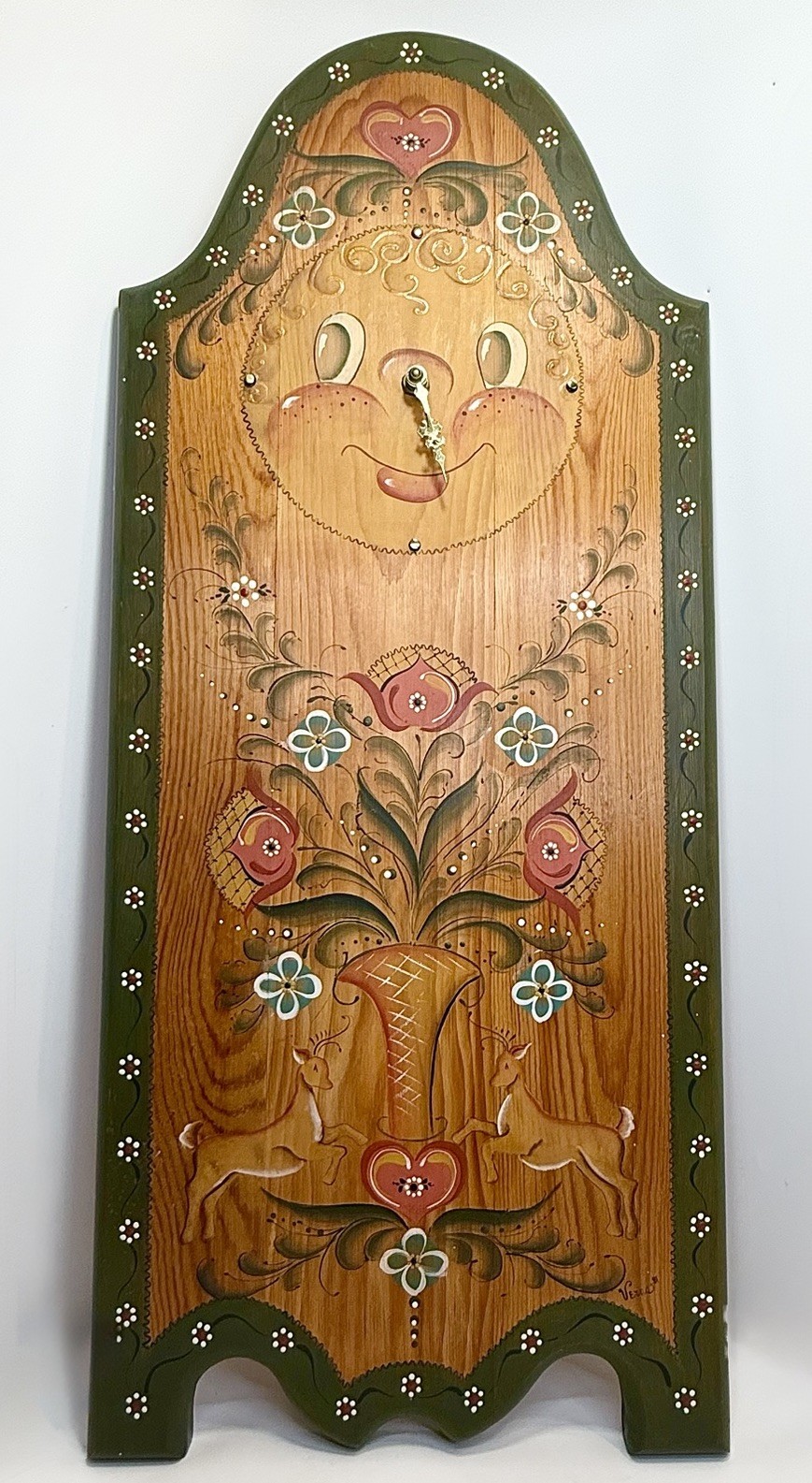 VTG 1981’ Austrian Hand-Painted Wooden Wall Clock Folk Art Quartz Battery 26” 