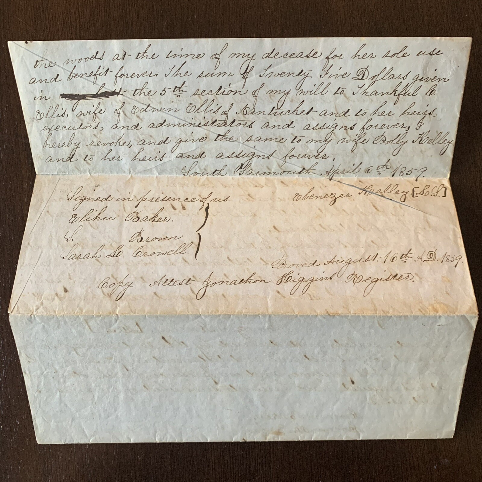 1859 EBENEZER KELLEY'S LAST WILL & TESTAMENT SOUTH YARMOUTH BARNSTABLE SIGNED