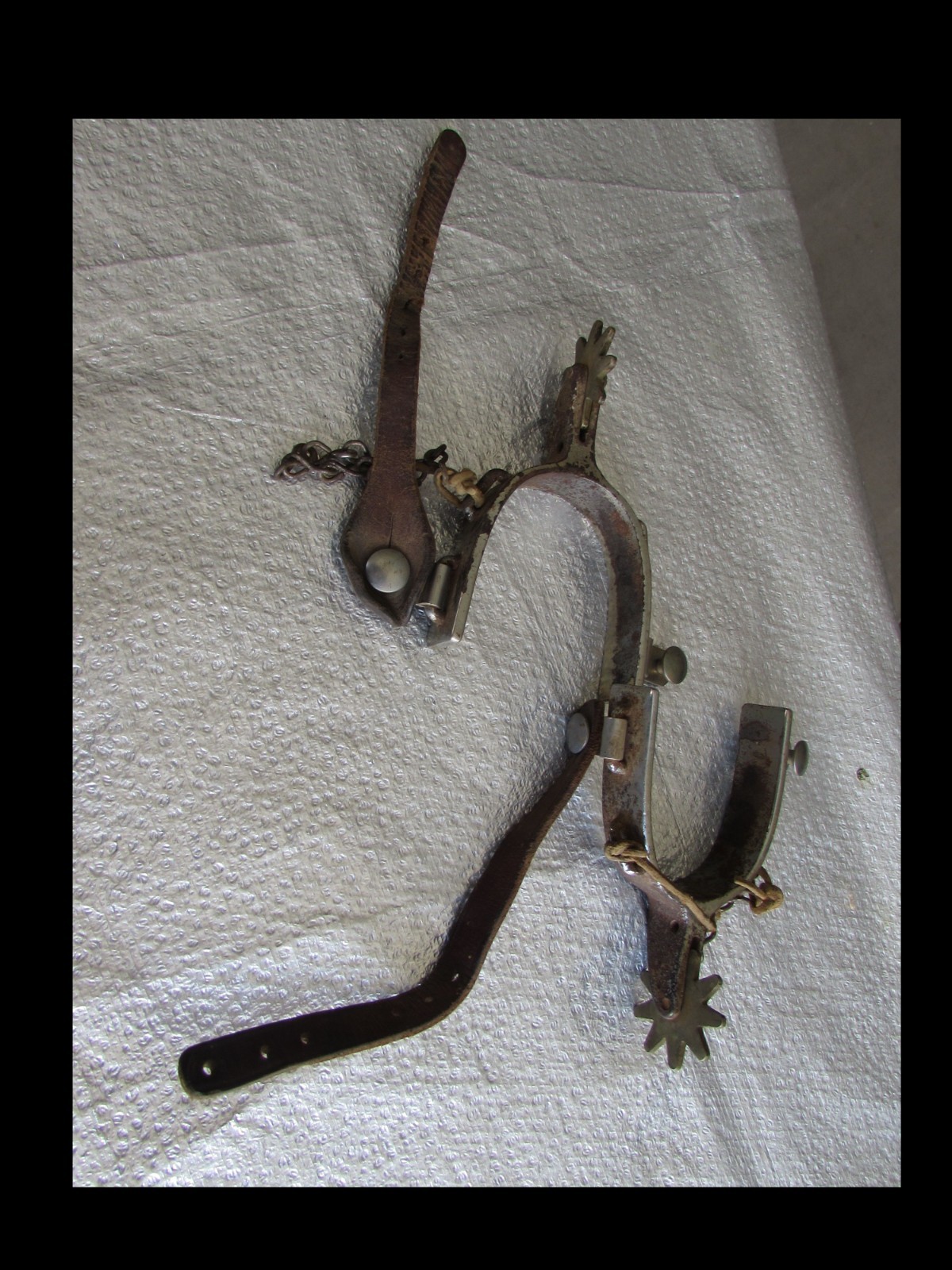 Antique Western Cowboy Spurs Pair 10 Point Rowels Iron Leather Straps Horse Tack