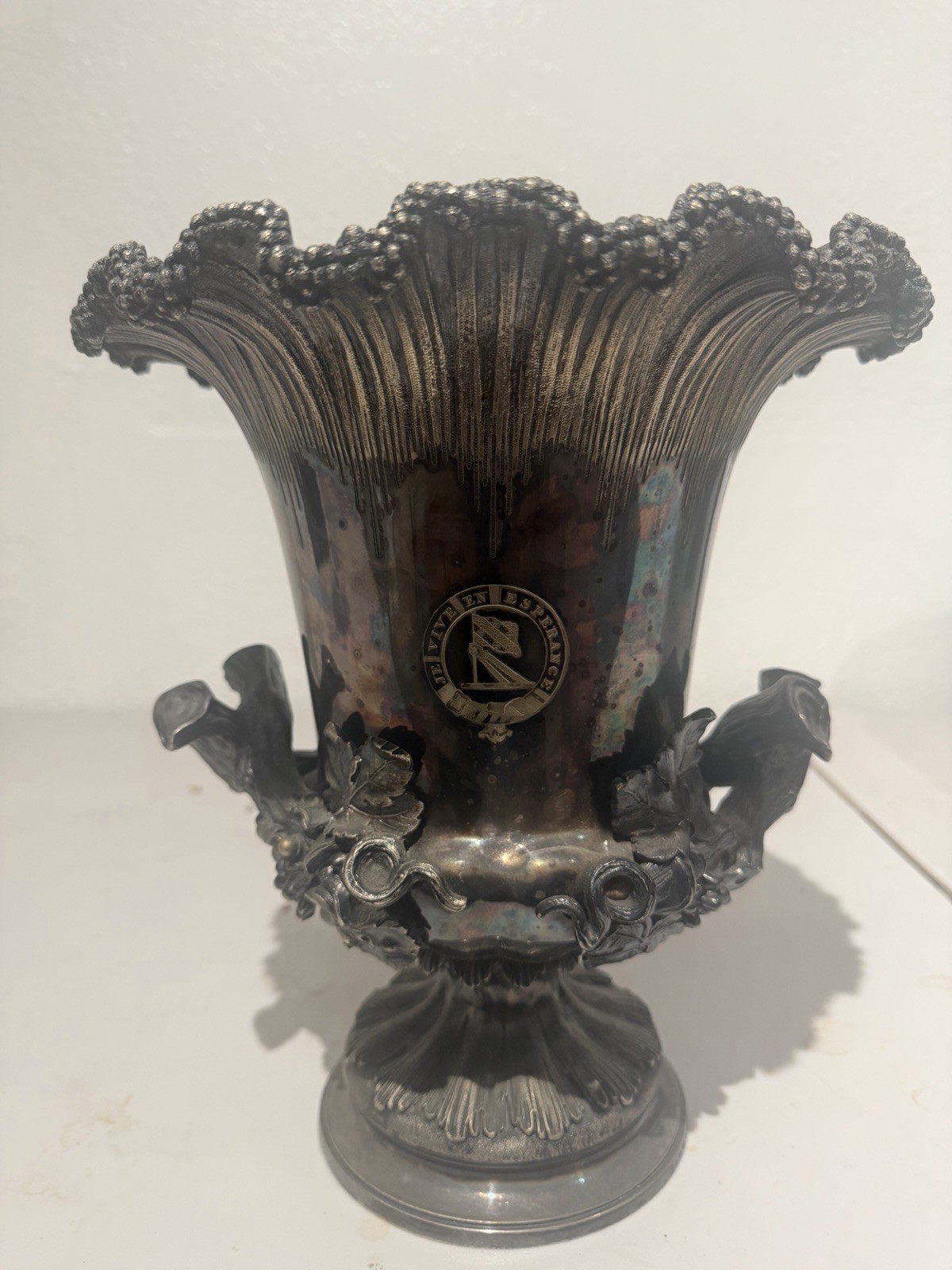 Antique Victorian Silverplate Urn Vase with Grape Pattern, Fluted Design Antique Victorian Silverplate Urn Vase with Grape Pattern, Fluted Design