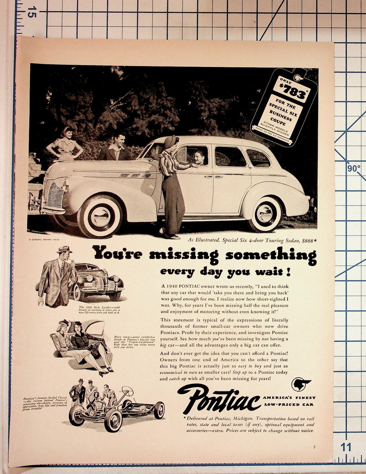 1940 Pontiac Special Six Car Vintage Magazine Ad Automobile Ephemera