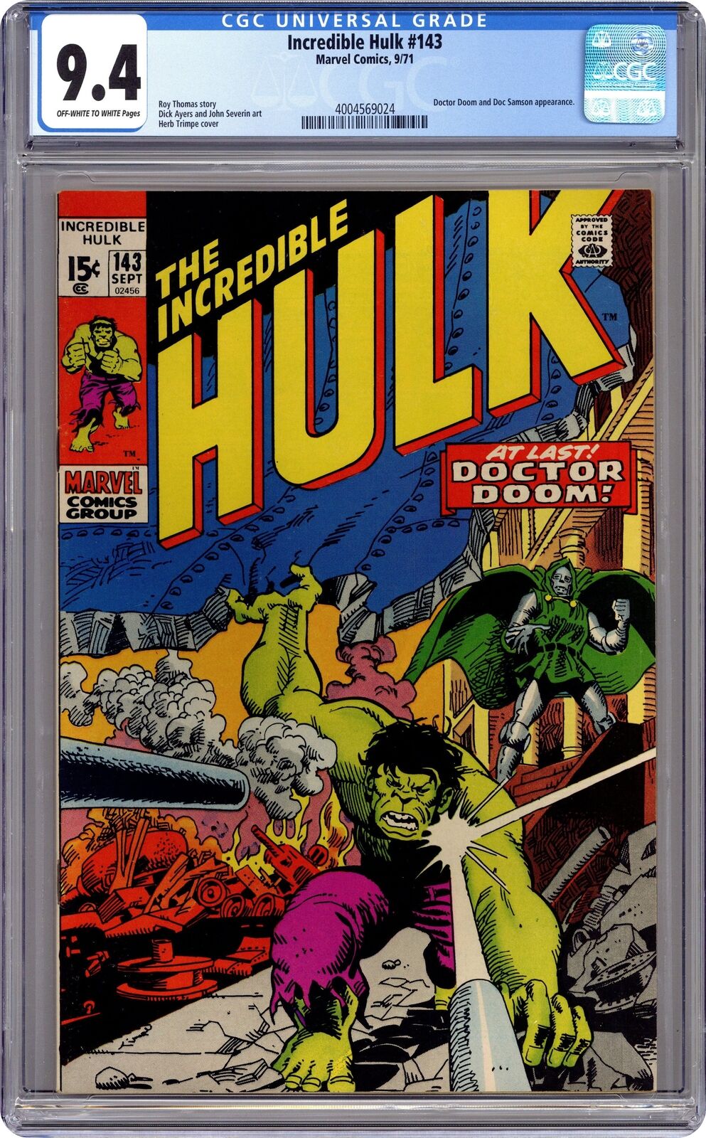 Incredible Hulk #143 CGC 9.4 1971 4004569024