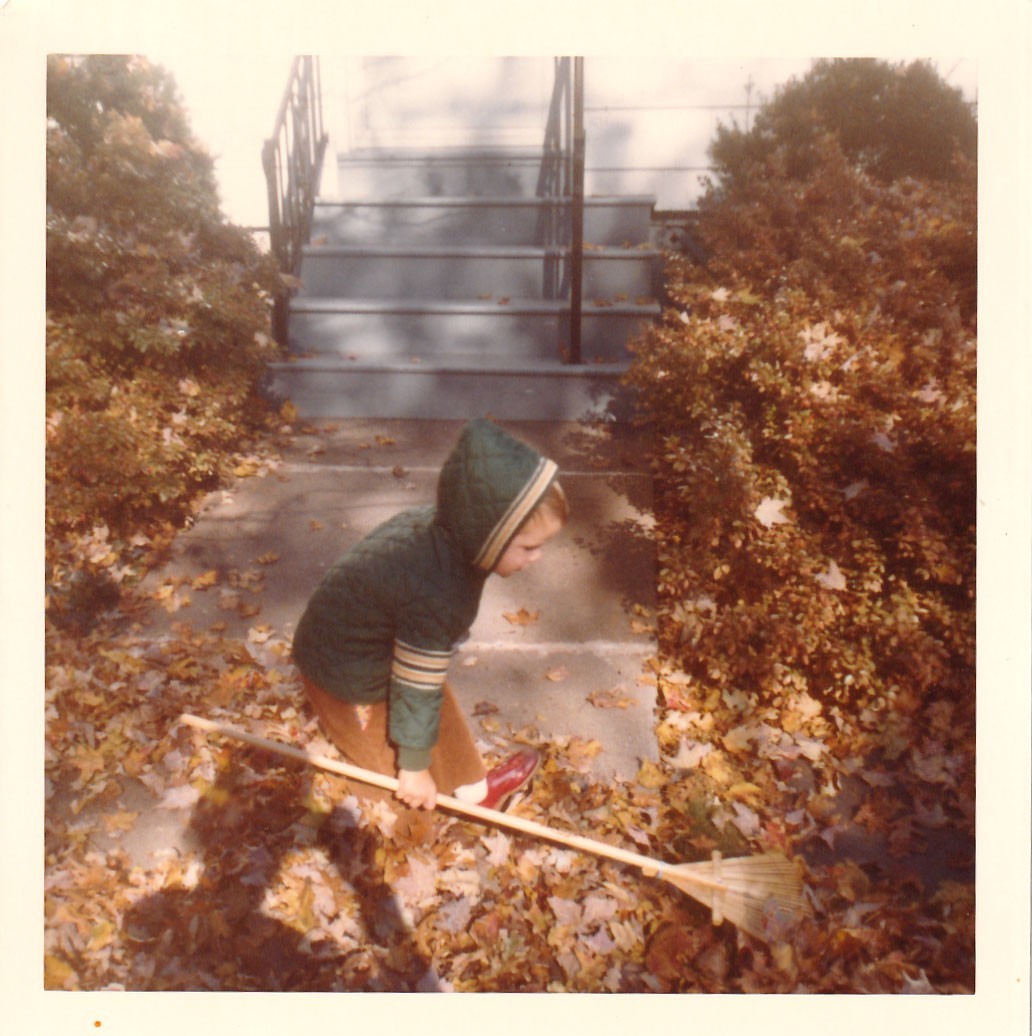 Vintage Photo 1974 Little Helper Gardener Fall Autumn Leaves Rack Leaf Cleanup