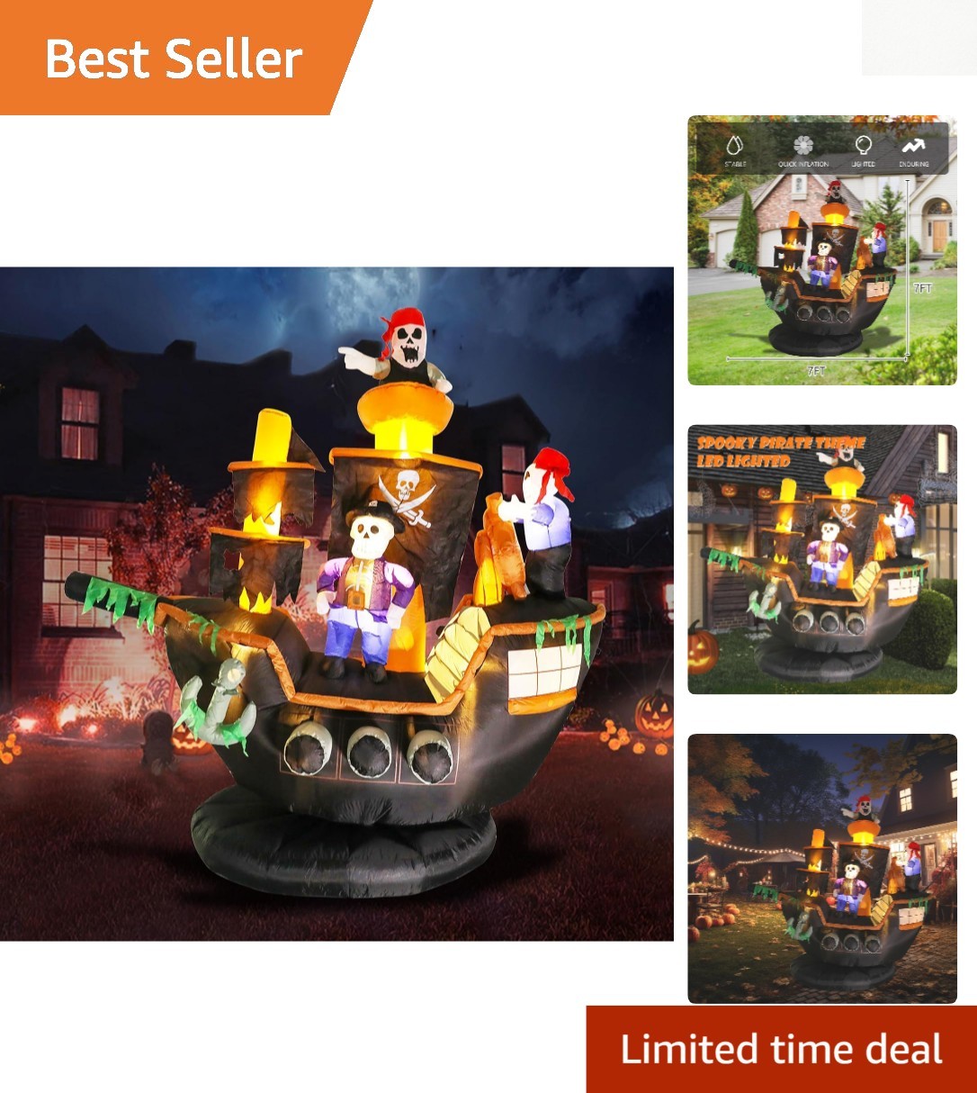 Durable 7FT Giant Pirate Ship Inflatable - Perfect for Spooky Halloween Decor
