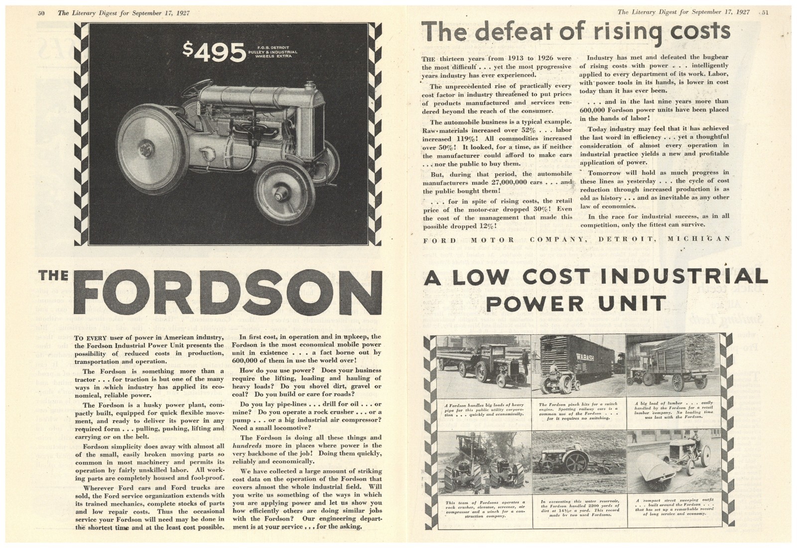 1927 Fordson Tractors 2 Sep. Pg. Ad: The Defeat of Rising Costs