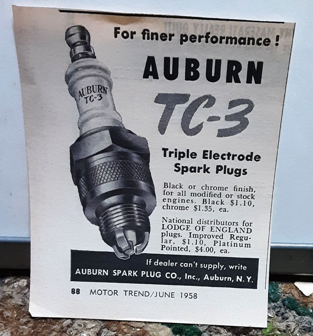 1958 Auburn TC-3 Spark Plug Ad Triple Electrode Auburn NY Mini