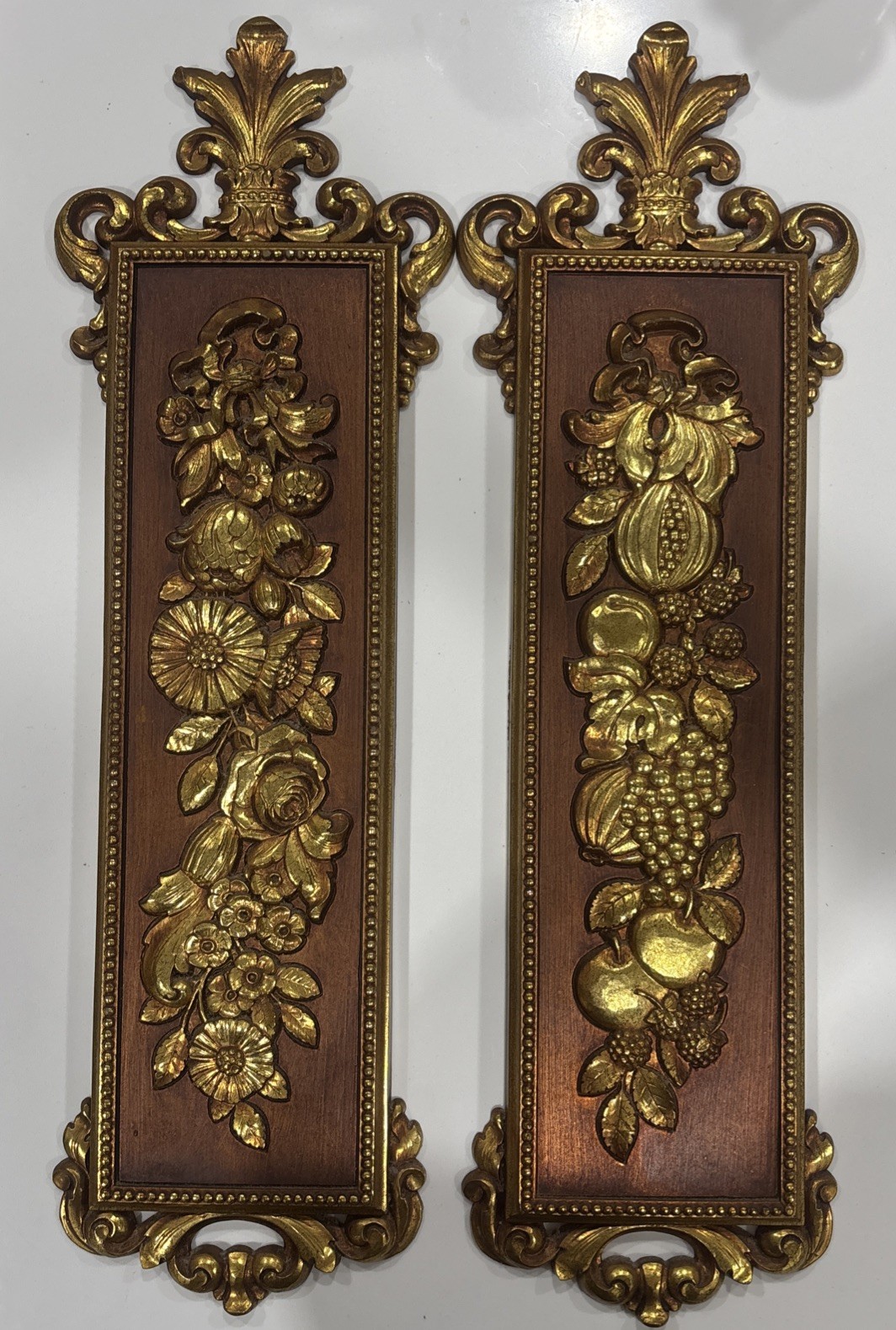 VTG 1970 SYROCO Gold FRUIT /Floral WALL PLAQUES 7221 /2 MCM Hollywood Regency