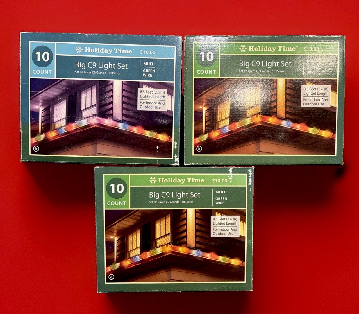 3 Boxes Holiday Time 10 Ct Big C9 (5” Tall) Outdoor Light Set 8.5 ft Multicolor