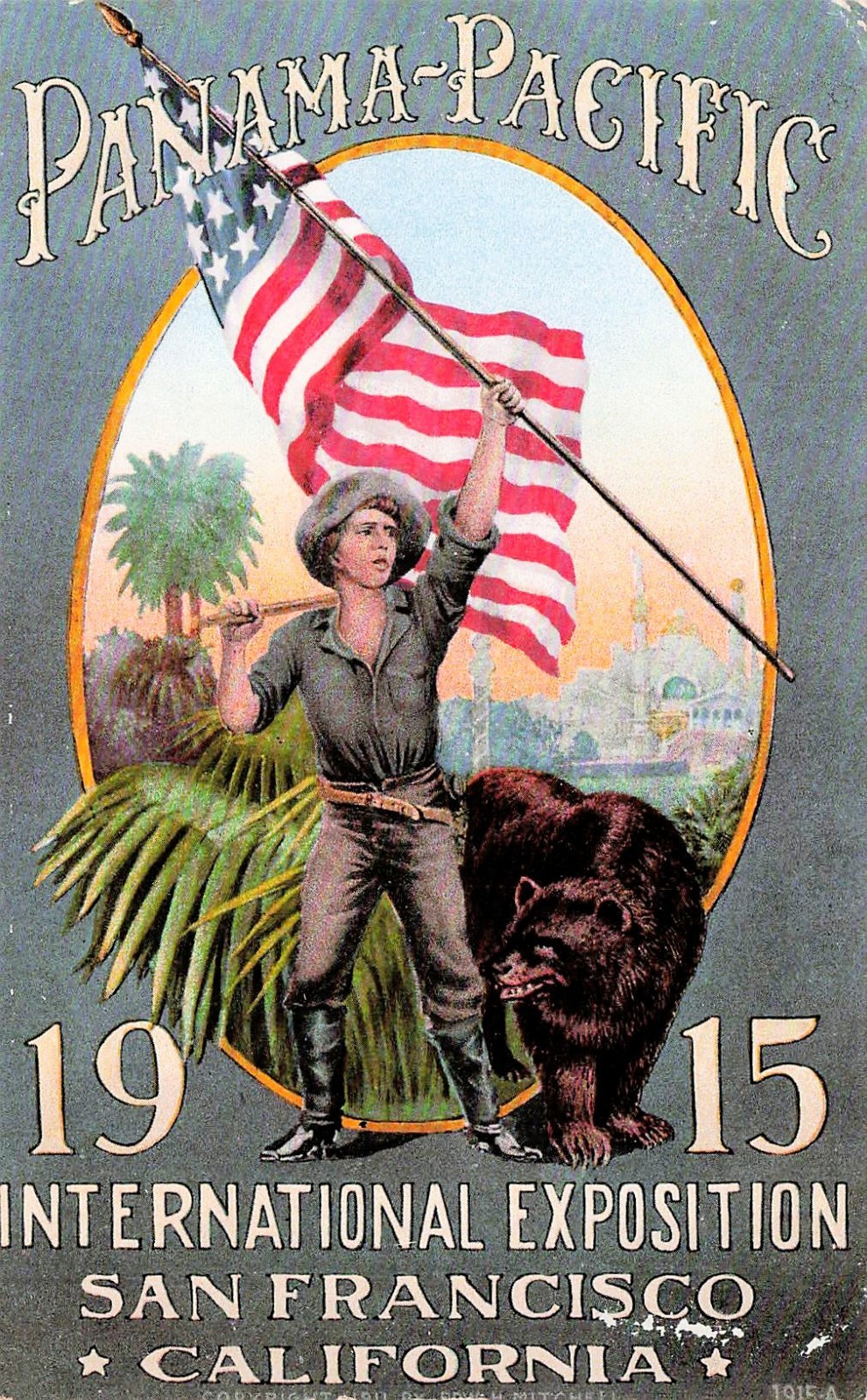 San Francisco 1915 Panama Pacific Expo Patriotic Man Flag Bear Vtg Postcard K21