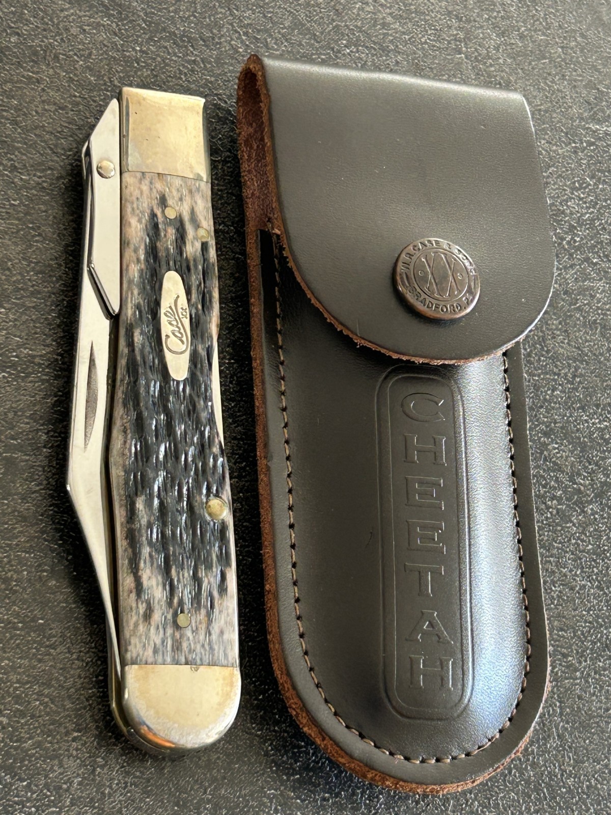 2002 CASE XX Cheetah 6111 1/2 L SS Black Bone Knife & Matching Sheath Set VTG