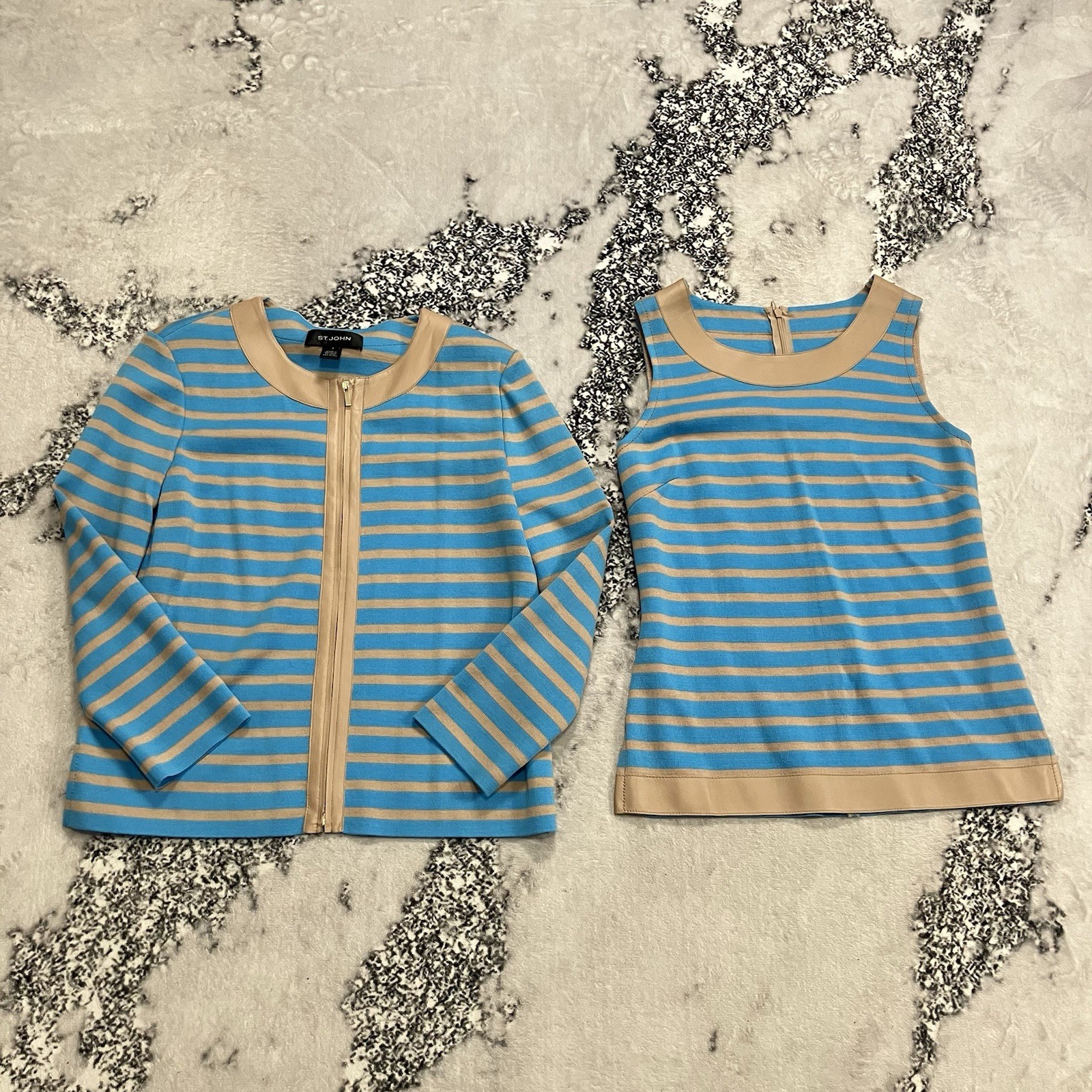 St John Knit Set Womens Size P Blue Beige Stripe Jacket Top Santana Style