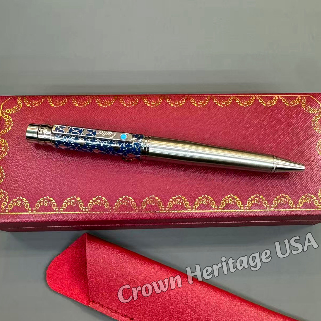 CARTIER Santos de Cartier Blue Design Ballpoint Pen Silver Tone with Box