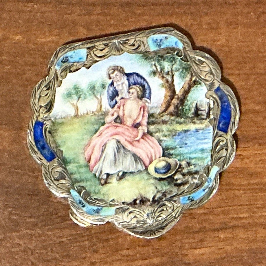 Antique Italian Silver Hand Painted Enamel Powder Compact - 2 3/4” W 