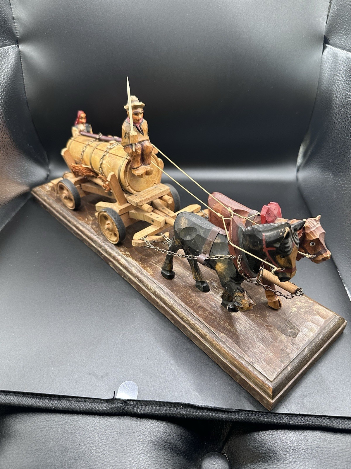Vintage Hand Carved Wood Ox & Horse Wagon Sculpture Team Driver Folk Art 17\